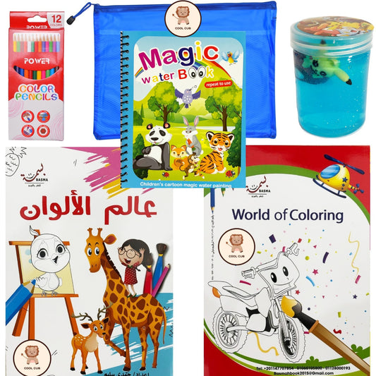 ٦ في ١ - مجموعة التلوين الزرقاء  – بالسلايم والستيكرز (طيور وعربيات و طائرات)
