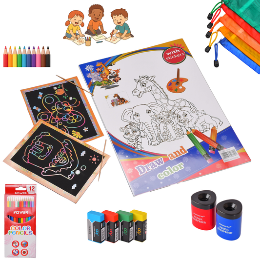 BLUE🔵 7-in-1 Coloring Set for Kids – Ages 4–10 | طقم تلوين ٧ في ١ للأطفال من ٤ إلى ١٠ سنوات - أزرق 🔵